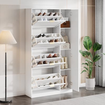 Schoenenkast - 80x147x24 cm - Met Spiegel en 4 Klappen - Verstelbare Plank - Hout - Wit