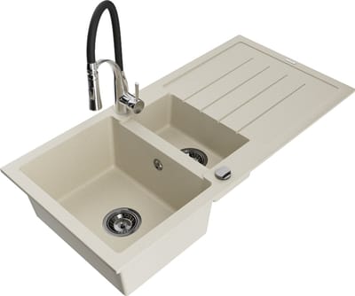 Mexen Andres granieten gootsteen 1,5-komor met afdruiprek en keukenkraan Aster, beige - 6515-69-73450-07-B