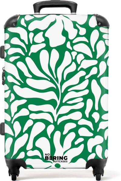 NoBoringSuitcases.com® - Koffer groot - Rolkoffer lichtgewicht - Groen met witte bloemenprint - Reiskoffer met 4 wielen - Grote trolley XL - 20 kg bagage