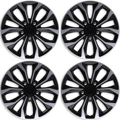 Wieldoppen HORNET-SB 14 inch zilver/zwart met chroom wielmoerkapjes. Set a 4 stuks (CONTROLEER UW BANDENMAAT en lees a.u.b. de onderstaande, uitgebreide tekst!)
