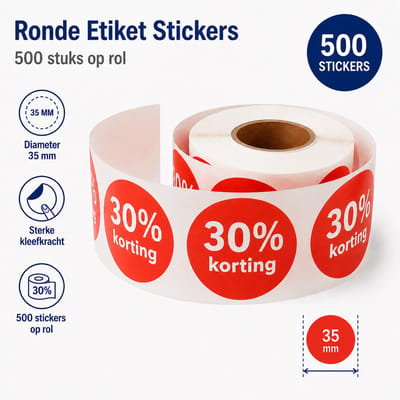 30% Korting Stickers 35 mm - 500 stuks op Rol - Kortingsstickers 30 procent - Afprijs Promotie Sticker - Dappaz