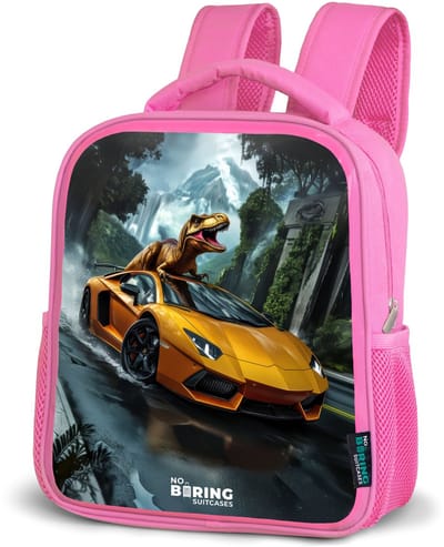 NoBoringSuitcases.com® - Rugzak roze - Schooltas meisjes - T-Rex op oranje sportauto in regenachtig woud - Kinder rugtas meisje - Boekentas kind - Kinderrugzak voor school - Schoolrugzak