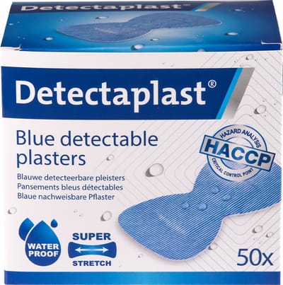 Detectaplast blauwe wondpleisters waterproof - metaaldetecteerbare, waterdichte en vuilwerende pleisters sensitive, voor de voedingsindustrie, catering en grootkeuken, 68 x 38 mm, 50 stuks
