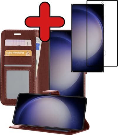 Hoesje - Met Screenprotector - Geschikt voor Samsung Galaxy S23 Ultra - Luxe Pasjeshouder - Flipcase - Bookcase Portemonee - Flip Case - Kunstleer Book Case - Book Cover - Walletcase - Portemonneehoes - Telefoonhoes - Bruin