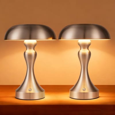 Glitzerlife - Tafellamp Draadloos Oplaadbaar - 2 Stuks LED Tafellamp - Touch Dimbaar Bedlampje Vintage Retro - 3 Lichtkleuren 3000-6500K - IJzer Design - Ø22 cm - Nikkelkleurig