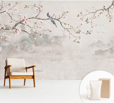 Wallfluent Behang - Oosters landschap Vliesbehang - 312x219 cm - Beige Behang - Voor liefhebbers van moderne abstracte kunst - Behang Voor de woonkamer, slaapkamer en kantoor - Behangrol Bloemen en planten