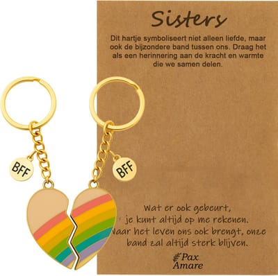 BFF Sleutelhanger voor 2 'Sisters' - Magnetisch Regenboog Hartje - Sleutelhangers op Cadeau Kaartje - Goudkleurig - Vriendschap Symbool - Pax Amare