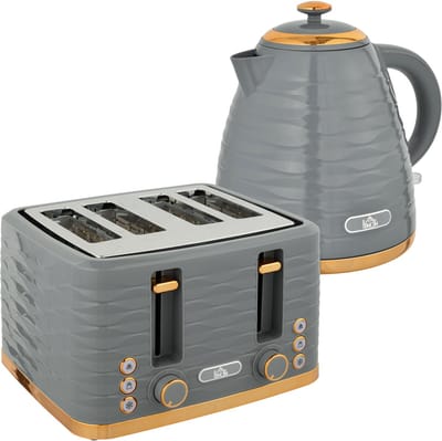 ZYLARO Broodrooster - Ontbijtset, Waterkoker en broodrooster - Toaster - 4 sneetjes broodrooster - 7 bruiningsniveaus - 3000 W - Retro Grijs