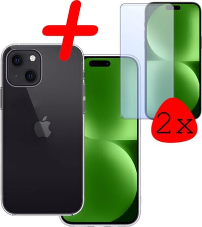 Hoesje Met 2x Screenprotector - Geschikt voor Apple iPhone 15 - Sterk & Shockproof - Back Cover - Siliconen Case - Telefoon Hoes - Transparant