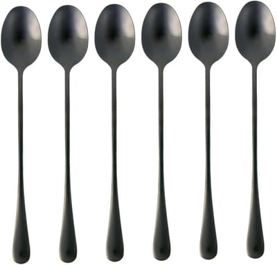 Intirilife Set van 6 lepels van roestvrij staal in Zwart - Lengte 19 cm - Ijslepel met lange steel, dessertlepel voor koffie Latte Macchiato, longdrinks, ijsthee