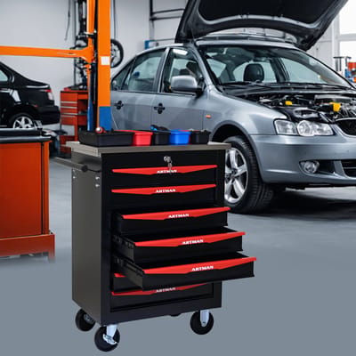 MODENUIT Gereedschapswagen - 7 Laden Met Wielen En Slot - Garage En Werkplaats - Staal - 62,5x34,5x78 cm - Zwart-Rood