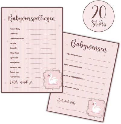 Babyshower kaartjes 20 stuks — invulkaarten - voorspellingskaarten - A6 - meisje zwaan
