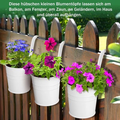 4 stuks metalen bloempotten, hangend, hangplantenpotten met afvoergat, bloempotten om op te hangen met afneembare haak voor tuin, terras en balkon, 4 kleuren (wit × 4)