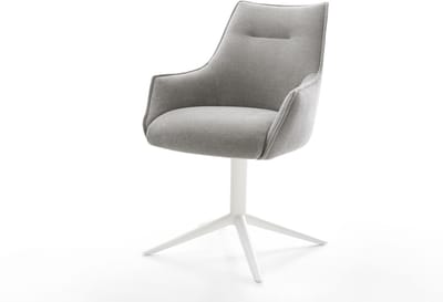 Eetkamerstoel Alja-Flex met armleuning kruispoot wit zachte stof met structuur grijs 360° draaibaar rocker-functie pocketveer kern