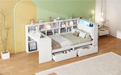 L-Vorm Platformbed 90x200 - Houten Bed met Bureau, Boekenplank, Gestoffeerd Hoofdbord, Lades en LED-Verlichting - Wit - Ruimtebesparend Corner Design