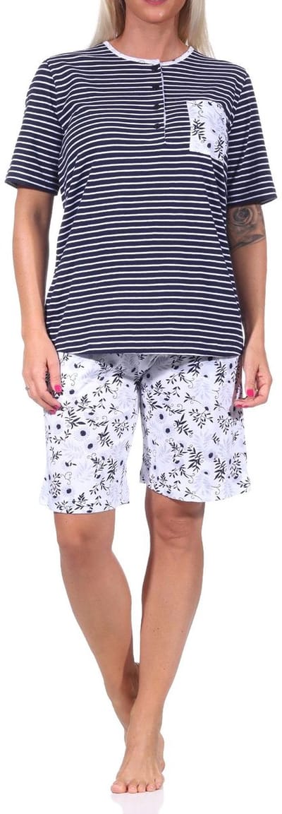 Dames pyjama shorty met korte mouwen, gestreepte top, korte broek met bloemenpatroon