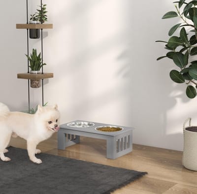 Wishdor - Honden voerstation - Dubbele verhoogde voerbak - Rutschfest design - Voor water en voer - Eetstation voor de hond - RVS - Grijs - 44 x 24 x 15 cm