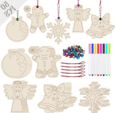 DIY Kerstdecoraties - 50 Stuks Houten Hang Ornamenten, Onbehandelde Houten Schijven voor Creatieve Kids Knutselprojecten, Versieringen voor de Kerstboom en Feestdagen