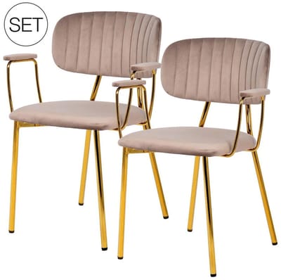 Kayoom - Set 2 stoelen Kian met armleuning - Velours - Fluweel - Taupe/Goud - Belastbaar gewicht 120KG