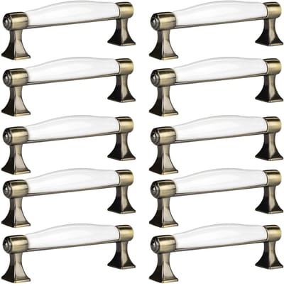 10 x Meubelgreep MARIE Boorgatafstand 96 mm Antiek-messing-wit Porseleingreep van SOTECH