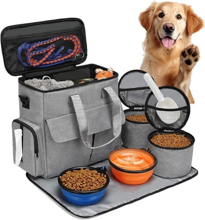 Huisdier Reis Organizer - Dieren Benodigdheden - Handige Opslag - Inclusief Voerbakken - 40x36x8.5cm - Grijs