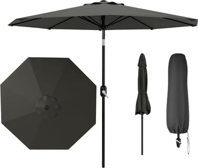 Parasol Rond met Hoes - 270x270x236cm - Zonder Voet - Tuinparasol met 8 Ribben - Crank Tilt - Weerbestendig & Windbestendig - Voor Tuin, Balkon, Terras - Grijs