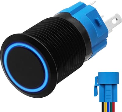 ProRide Metalen Pulsschakelaar 220V OFF-(ON) - 16mm - Momentschakelaar met Aansluitkabel - Spatwaterdicht - LED Indicatie Blauw