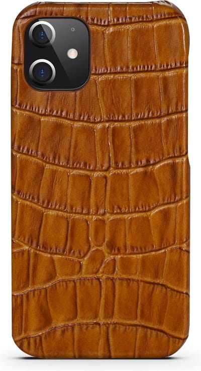Hoesje iPhone 12 Mini Met Kroko Print Lichtbruin Leer – Apple iPhone 12 Mini Hoesje Cognac Kroko Print Leer