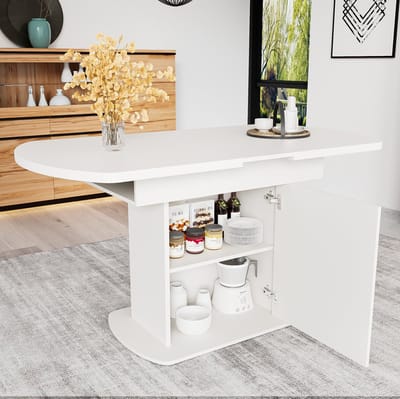 DESMIU Eettafel - Uitschuifbaar Ovaal Met Opbergruimte - Voor Eethoek En Werkplek - Spaanplaat En Metaal - 110/130x70x75 Cm - Wit En Goud