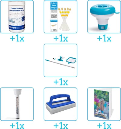 Zwembad Onderhoudspakket - Onderhoud Zwembad - bevat Chloor - Testrips - Chloordrijver - Schoonmaakset - Thermometer - Scrubborstel en Zwembadgids (7-delig)