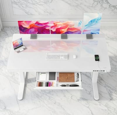 Luxe Elektrisch In Hoogte Verstelbaar Glazen Bureau 140x70 cm – Zit- en Sta Bureau voor Thuiskantoor – Modern Ergonomisch Design met Lade en USB Oplaadpoorten – Wit House&Garden