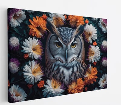 Saammp Canvas Schilderij - Uil tussen de bloemen - Abstract - Dieren - 45x30 - Foto op canvas - Wanddecoratie - muurdecoratie Woonkamer - Slaapkamer decoratie - Canvas Print