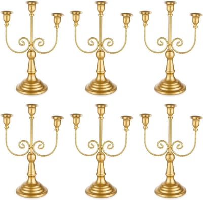 3-armige gouden vintage metalen kandelaars voor staafkaarsen - set van 6, bruiloft party Kerstmis tafeldecoratie