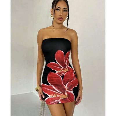 Zomer Sexy Strapless Dames Jurkje met Bloemendruk en Strakke Pasvorm om de Heupen S brown