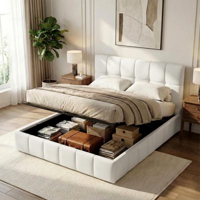 CLP Bed met opbergruimte gestoffeerd Ladia - bedframe voor matrassen - lattenbodem met liftmechanisme - tweepersoonsbed met stoffen be creme