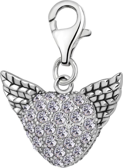 Quiges – Charm – Hanger - 3D Zirkonia Hart met Vleugels - Verzilverd - karabijnslot - geschikt - voor - Bedelarmband - QHC107