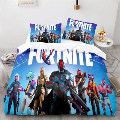 Ensemble de literie Fortnite Housse de couette Jeu Cosplay Chambre à coucher Housse de lit Linge de lit Anime Dessin animé Taie d'oreiller Décoration de chambre Cadeau de Noël AU Queen(210*210cm)3pcs