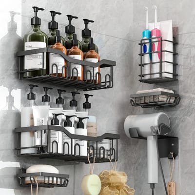 Unyqoos ® Innovatieve Zelfklevende Doucheplankset voor Badkamer en Keukenorganisatie, Zwart, 6-delig