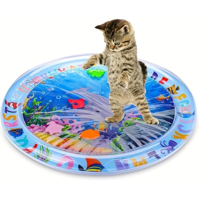 Spill-Proof Interactieve Water Sensorische Kattenmat, Drijvend Vispatroon Duurzaam PVC Materiaal Oceaanwezens Design Perfect voor Huisdieren blue