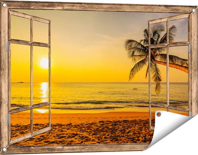 Gards Tuinposter Doorkijk Tropisch Strand tijdens Zonsondergang - 90x60 cm - Tuindoek - Tuindecoratie - Wanddecoratie buiten - Tuinschilderij