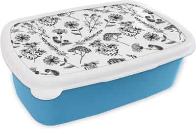 Broodtrommel Blauw - Lunchbox - Brooddoos - Bloemen - Kruiden - Vintage - Patronen - 18x12x6 cm - Kinderen - Jongen