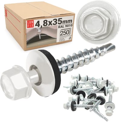 LUN FIX - Trapezblechschroeven - 250 Stk. - 4,8x35 mm - RAL 9010 (Reinwit) - Zeskantschroeven van staal voor trapeziumplaten