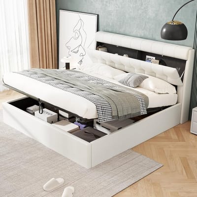 Tweepersoonsbed 180x200 met Opbergruimte en Hoofdeinde | Gestoffeerd Wit Veganistisch Leer