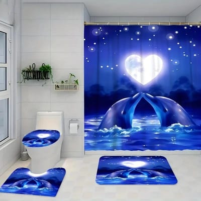 Romantische Dolfijn Hart Oceaan Thema Badkamerset - Waterdicht Douchegordijn, Toiletdekselhoes, Badmat, En Contourmat W60H190(CM)-1 Pcs
