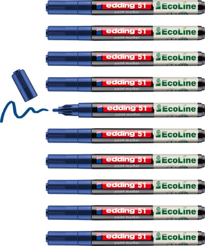 edding 51 EcoLine lakmarker op waterbasis blauw 10 stuks - ronde punt 2-3 mm - laag VOS-gehalte - navulbaar - geschikt voor o.a. gladde, donkere en transparante oppervlaktes