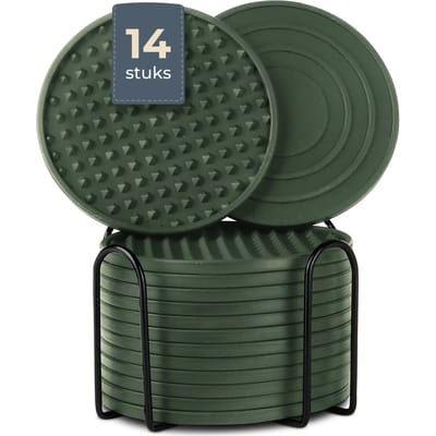 Siliconen Onderzetters – Onderzetters voor Glazen – Design Onderzetters met Houder – Onderzettersset – Anti Slip - Set van 14 – Groen