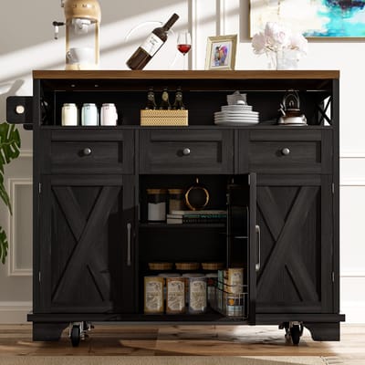 MODFU Keukeneiland - Met Uitklapbaar Blad En Opbergruimte - Modern - Voor De Keuken - MDF En Metaal - Zwart - 118 x 43-80 x 98 cm