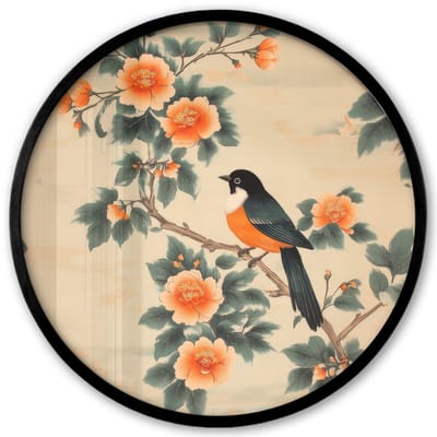 Poster in lijst Rond - Fotolijst 40x40 cm - Posters - Vogel - Tak - Bloemen - Oranje - Ronde posterlijst zwart - Decoratie - Wanddecoratie woonkamer - Muurdecoratie slaapkamer