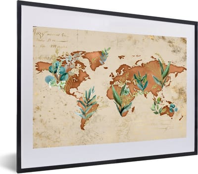 Poster in lijst - Fotolijst 60x40 cm - Posters - Wereldkaart - Papyrus - Planten - Posterlijst zwart - Decoratie - Wanddecoratie woonkamer - Muurdecoratie slaapkamer
