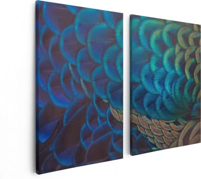 Artaza Canvas Schilderij Tweeluik Kleurrijke Pauw Veren Van Dichtbij - 80x60 cm - Wanddecoratie Woonkamer - Schilderijen - Muurdecoratie